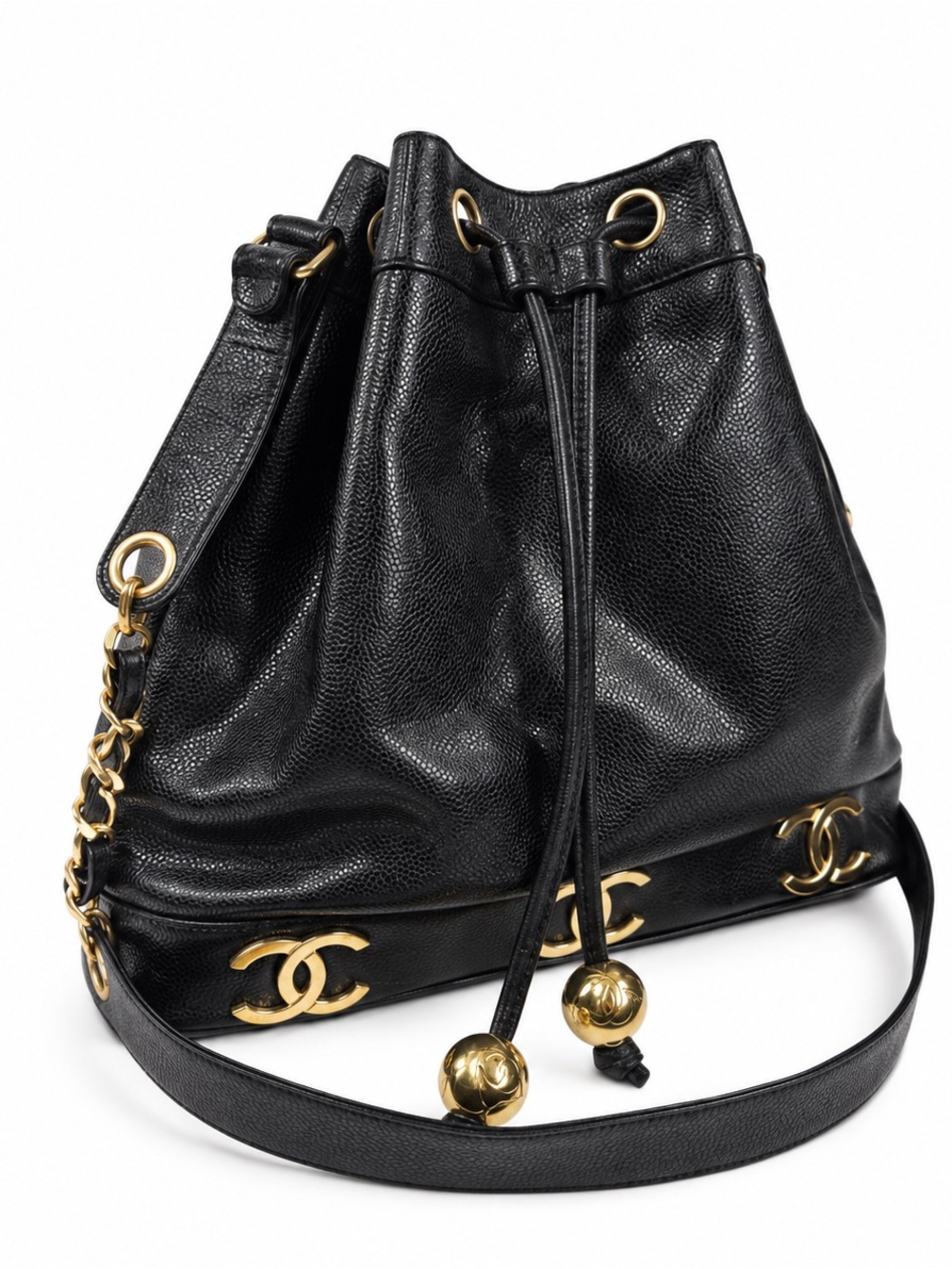 CHANEL Vintage Triple CC Black Caviar Leather Drawstring Bucket Bag